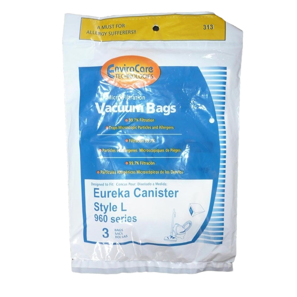Package of three EnviroCare Technologies Eureka Canister Style L vacuum bags designed for 960 series, featuring microfiltration that traps 99.7% of microscopic particles and allergens, ideal for allergy sufferers in Health & Wellness and USA Made collections.