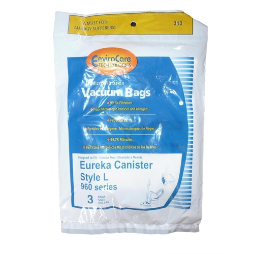 Package of three EnviroCare Technologies Eureka Canister Style L vacuum bags designed for 960 series, featuring microfiltration that traps 99.7% of microscopic particles and allergens, ideal for allergy sufferers in Health & Wellness and USA Made collections.