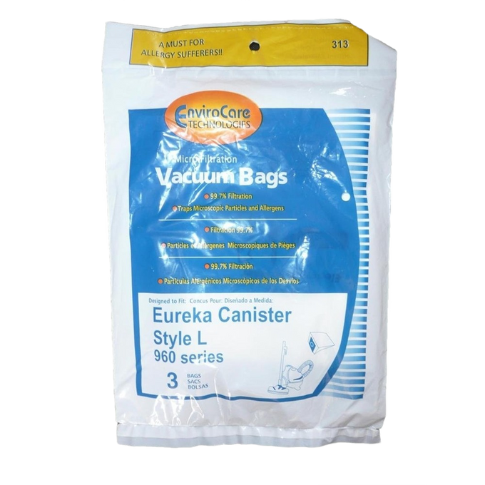 Package of three EnviroCare Technologies Eureka Canister Style L vacuum bags designed for 960 series, featuring microfiltration that traps 99.7% of microscopic particles and allergens, ideal for allergy sufferers in Health & Wellness and USA Made collections.