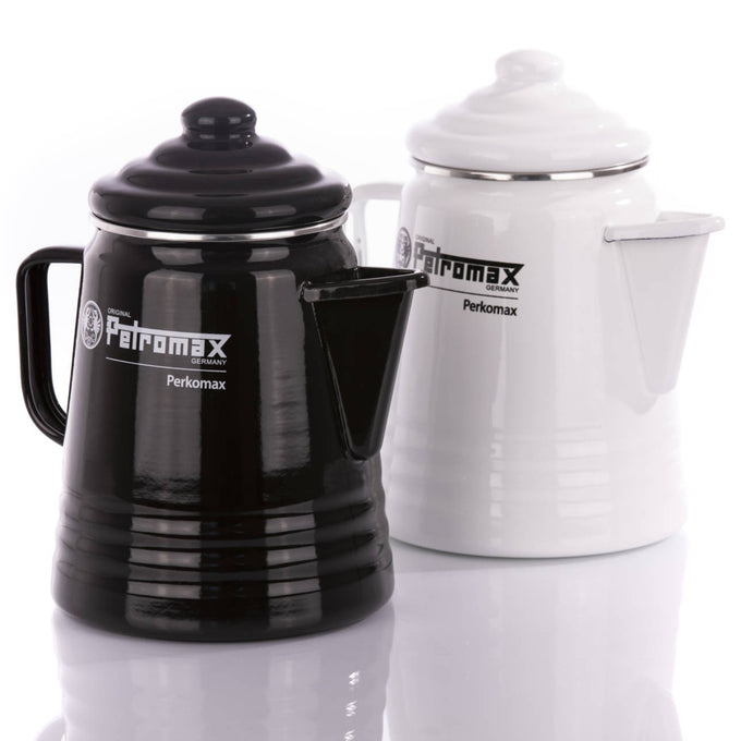 Glossy black and white enameled steel percolators with lids and spouts, designed for brewing coffee or tea, featured in Farm, Garden & Tool, Kitchen & Food, Camping, Brewing Coffee and Tea, Best Sellers, and Promo Eligible collections.