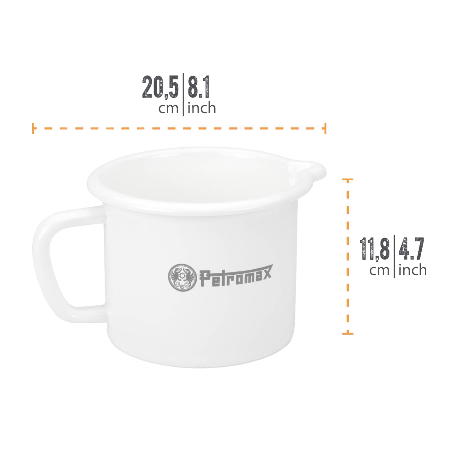 White enameled steel milk pot with a sturdy handle and pour spout, lightweight and durable for camping, kitchen, cookware, and outdoor use in Farm, Garden & Tool, Best Sellers, and Promo Eligible collections.