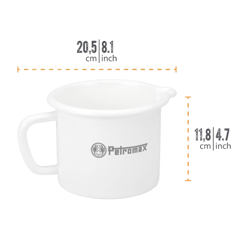 White enameled steel milk pot with a sturdy handle and pour spout, lightweight and durable for camping, kitchen, cookware, and outdoor use in Farm, Garden & Tool, Best Sellers, and Promo Eligible collections.