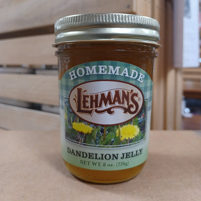 Glass jar of handcrafted Lehman's dandelion jelly made with all-natural ingredients by an Amish family in USA, ideal for Kitchen & Food, Pantry, Peanut Butter & Jellies, USA Made, Best Sellers collections.