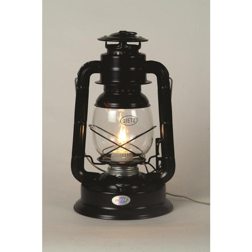 Black metal lantern converted to electric light with clear glass globe and visible bulb, handcrafted for use in Lamps & Lighting, Emergency Supplies, and Electric Conversion collections.