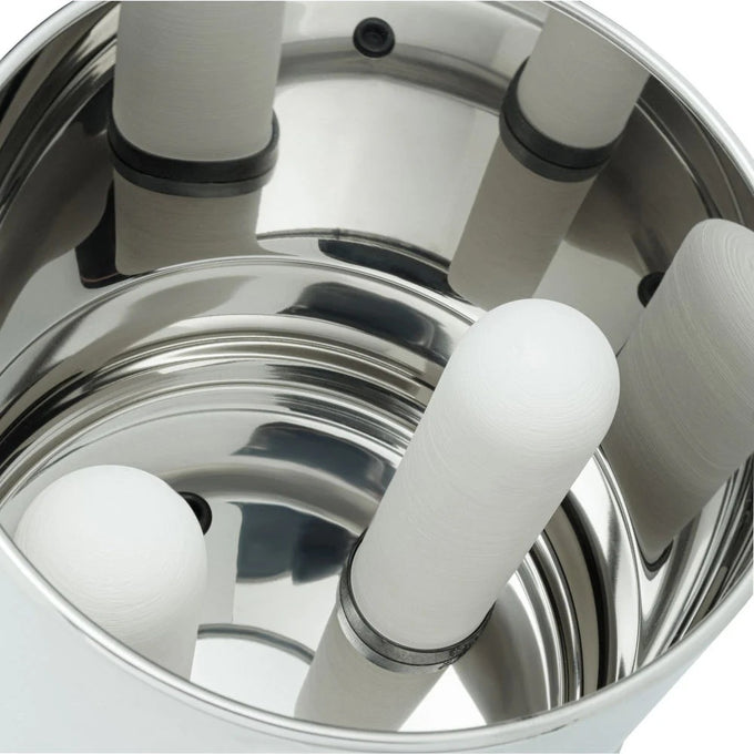 Handcrafted ceramic water filter elements with black sealing rings inside a polished stainless steel gravity filter chamber, suitable for Farm, Garden & Tool, Appliances, Emergency Supplies, and Water Treatment collections.