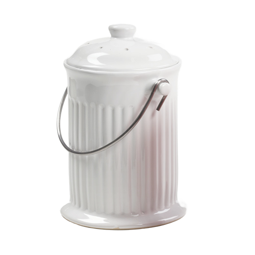 Handcrafted ceramic compost keeper with gleaming white finish and stainless steel handle, featuring an odor-preventing filter, ideal for Farm, Garden & Tool, Composting, and Best Sellers collections.