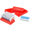 Set of four red plastic card racks with numbered slots holding playing cards in sequence, accompanied by a deck labeled Rack-O, ideal for Toys, Books & Games and Table and Board Games collections.