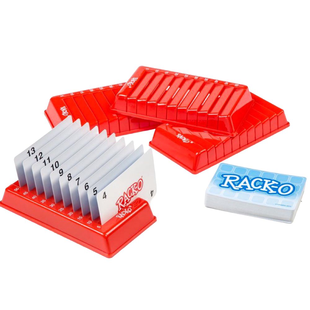 Set of four red plastic card racks with numbered slots holding playing cards in sequence, accompanied by a deck labeled Rack-O, ideal for Toys, Books & Games and Table and Board Games collections.