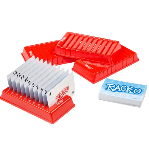 Set of four red plastic card racks with numbered slots holding playing cards in sequence, accompanied by a deck labeled Rack-O, ideal for Toys, Books & Games and Table and Board Games collections.