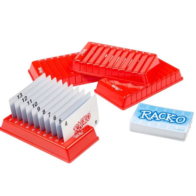 Set of four red plastic card racks with numbered slots holding playing cards in sequence, accompanied by a deck labeled Rack-O, ideal for Toys, Books & Games and Table and Board Games collections.