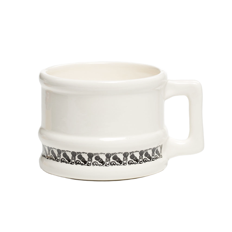 White porcelain shaving mug with black decorative border and sturdy handle, designed for long-lasting use with large soaps, featured in Health & Wellness and Grooming collections.