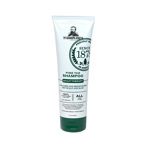Tube of handcrafted pine tar scalp therapy shampoo made in USA with plant-based ingredients, moisturizing dry scalp, suitable for all hair types, part of Health & Wellness and Grooming collections.