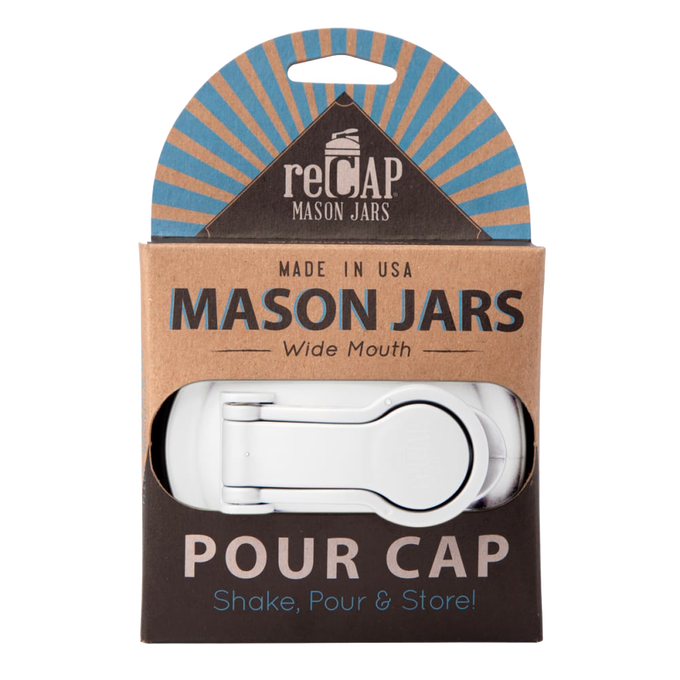 White wide-mouth pour lid with flip-top spout and carry loop for mason jars, handcrafted in USA from durable no-break plastic, featured in Kitchen & Food and Best Sellers collections.