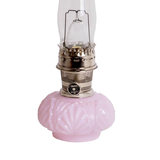 Handcrafted limited edition oil lamp featuring a pale pink Crown Tuscan glass base, polished metal burner, and tall clear chimney, ideal for Lamps & Lighting, Oil Lamps, Table Lamps, and Best Sellers collections.
