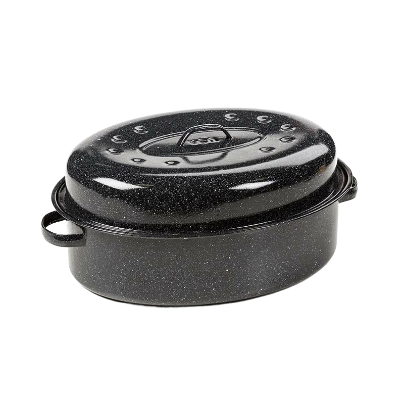 Durable classic graniteware roaster with a speckled black enamel finish, featuring a domed lid with dimples for self-basting, ideal for Kitchen & Food, Cookware, and Pots and Pans collections.