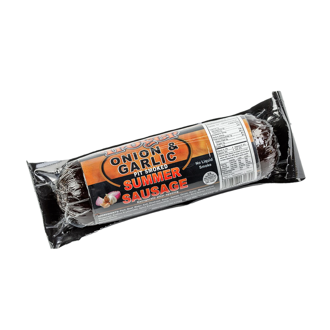 Handcrafted onion and garlic flavored summer sausage, pit smoked and vacuum-sealed for freshness, made in USA, perfect for Kitchen & Food, Snacks and Sweets, Pantry, Meats, and Best Sellers collections.