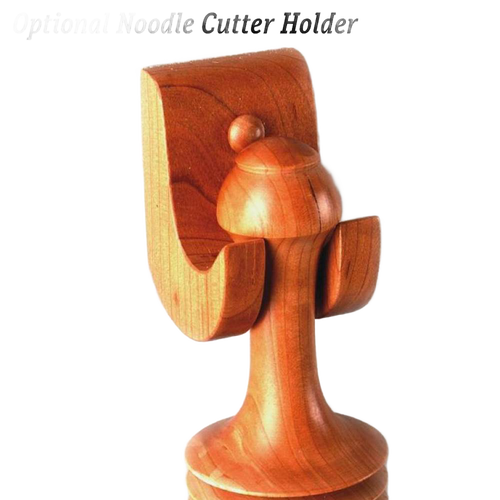 Handcrafted unfinished cherry wood holder with rounded finial and smooth curves, designed for displaying noodle cutter, fitting Kitchen & Food, Food Prep, Amish Made, and USA Made collections.