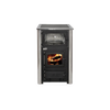 Compact wood cookstove with a glass window showing burning logs, featuring a built-in oven above, blending the charm of a fireplace with practical cooking for stoves and cookstoves collections.