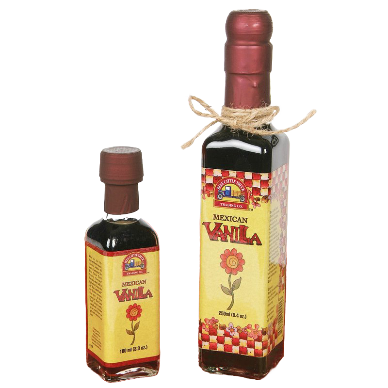 Two amber glass bottles of traditional Mexican vanilla with decorative yellow labels featuring a floral design, perfect for Kitchen & Food, Pantry, and Best Sellers collections.