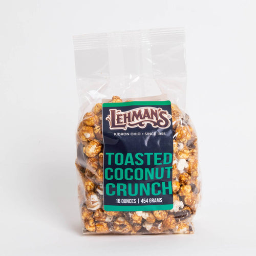 Clear bag of handcrafted toasted coconut crunch popcorn from Lehman's, a unique caramel-flavored snack made in USA, featured in Kitchen & Food, Snacks and Sweets, Popcorn, USA Made, and Best Sellers collections.