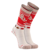 Pair of handcrafted crew socks with playful monkey design in red and cream colors, made with soft sustainable Merino wool for comfort and support, featured in Health & Wellness, Clothing and Accessories, Best Sellers, and Promo Eligible collections.