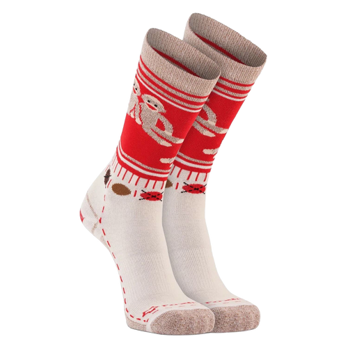 Pair of handcrafted crew socks with playful monkey design in red and cream colors, made with soft sustainable Merino wool for comfort and support, featured in Health & Wellness, Clothing and Accessories, Best Sellers, and Promo Eligible collections.