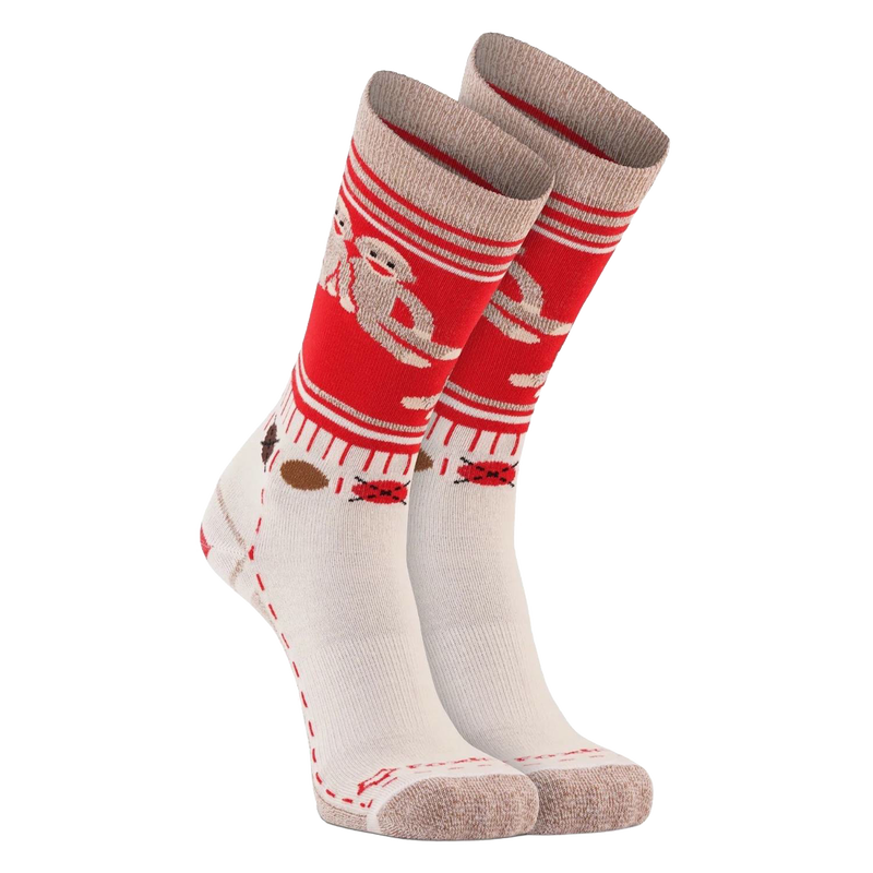 Pair of handcrafted crew socks with playful monkey design in red and cream colors, made with soft sustainable Merino wool for comfort and support, featured in Health & Wellness, Clothing and Accessories, Best Sellers, and Promo Eligible collections.