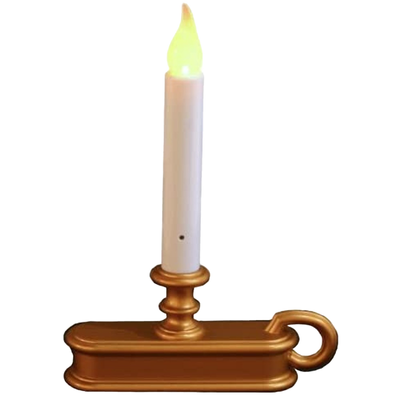 Classic-style cordless window candle with a warm LED flame and brass-colored base, perfect for adding safe, flickering light to home decor and holiday settings.