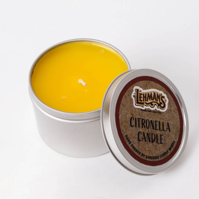 Open tin containing bright yellow handcrafted citronella candle, ideal for camping and outdoor pest control, featured in Farm, Garden & Tool and Camping collections.