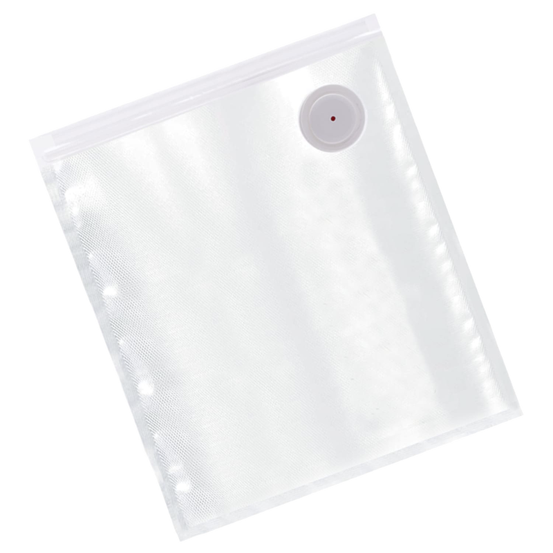 Clear reusable vacuum zipper bag with sealing port, designed to extend freshness of lunch meat, cheese, and vegetables, featured in Kitchen & Food and Food Preservation collections.