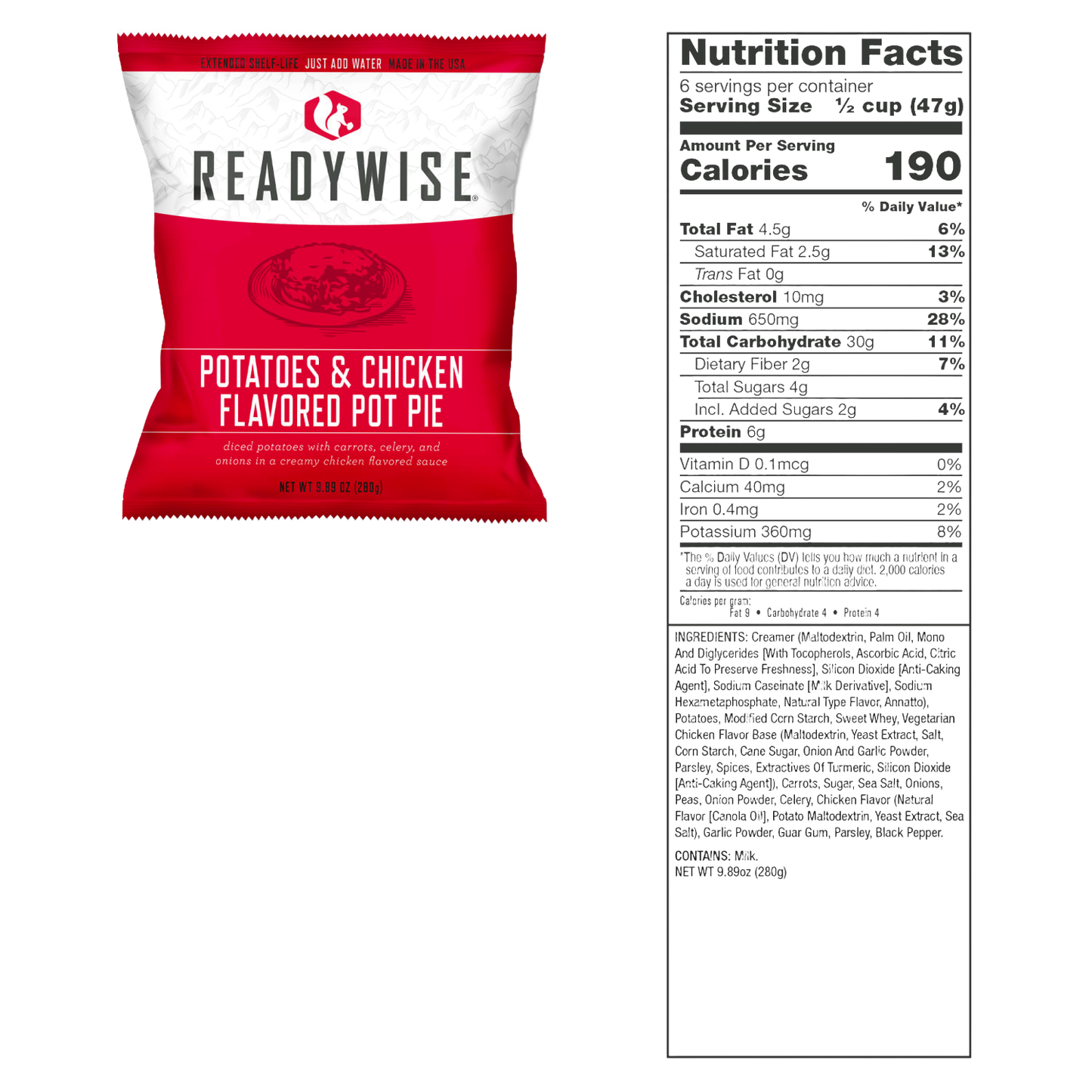 Red and white ReadyWise potatoes and chicken flavored pot pie pouch next to a detailed nutrition facts panel, USA made for emergency supplies, pantry, kitchen, and food storage.