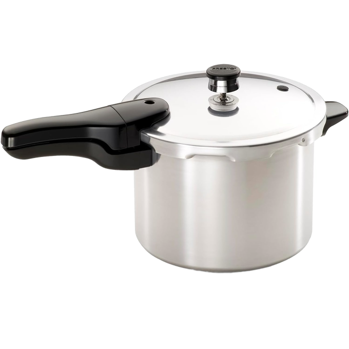 Handcrafted aluminum pressure cooker with a polished finish and black ergonomic handle, ideal for quick, flavorful meals, featured in Kitchen & Food, Cookware, Pots and Pans, Best Sellers, and Promo Eligible collections.
