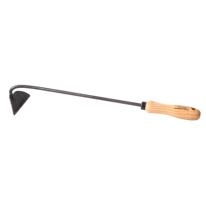 Handcrafted Dutch garden hoe with a forged steel triangular blade and natural wood handle engraved with logo, designed for precise weed removal in dense beds, ideal for Farm, Garden & Tool, Garden Accessories, Best Sellers, and Promo Eligible collections.