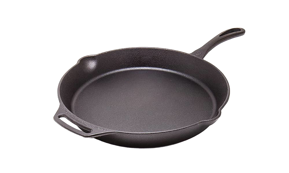 Round cast iron skillet with long handle and helper grip, featuring smooth cooking surface and sturdy design, ideal for Camp, Kitchen & Food, Cookware, Cast Iron, and Farm collections.