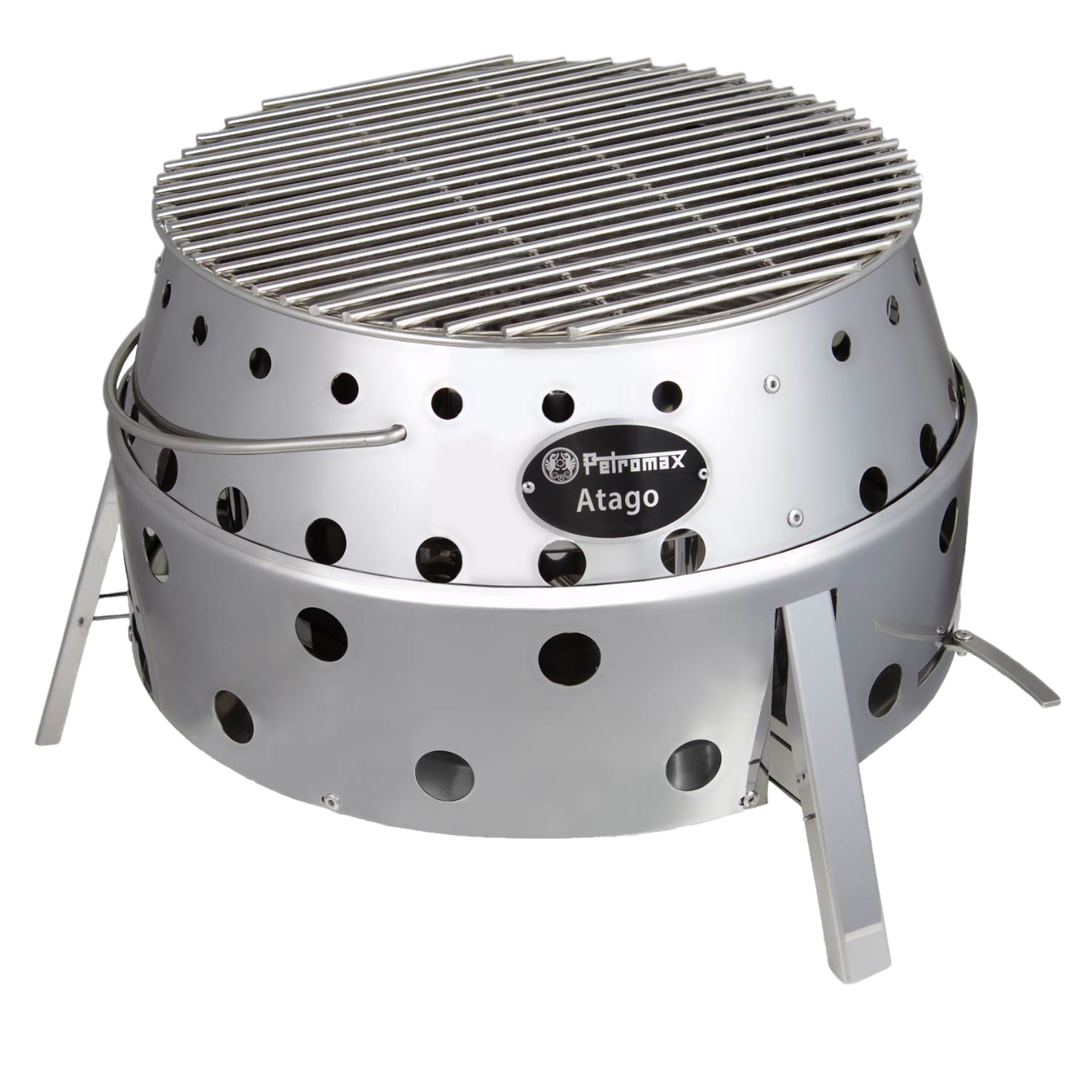 Stainless steel portable camp grill and fire bowl with ventilation holes and fold-out legs, designed for outdoor cooking, grilling, and campfire use in Farm, Garden & Tool and Camping collections.