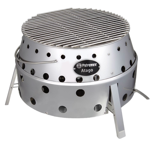 Stainless steel portable camp grill and fire bowl with ventilation holes and fold-out legs, designed for outdoor cooking, grilling, and campfire use in Farm, Garden & Tool and Camping collections.