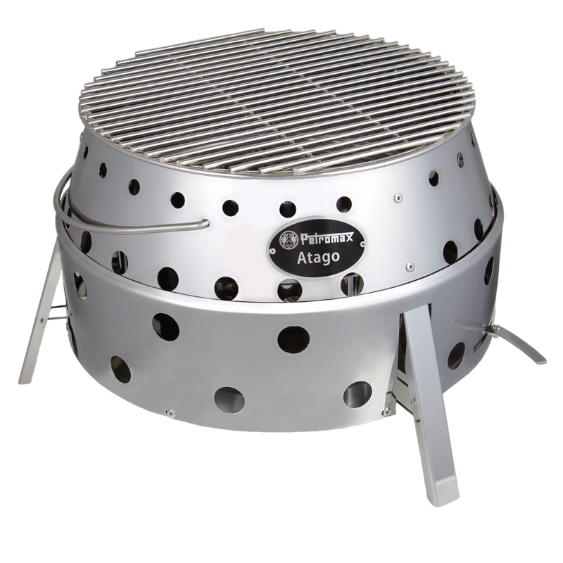 Stainless steel portable camp grill and fire bowl with ventilation holes and fold-out legs, designed for outdoor cooking, grilling, and campfire use in Farm, Garden & Tool and Camping collections.