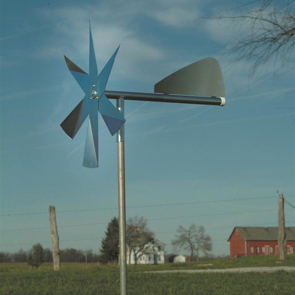 Unique handcrafted Amish-made mole chaser with reflective metal blades and tail vane on a galvanised steel post, designed for humane pest control in Farm, Garden & Tool, Lawncare, Pest Control, Best Sellers, and Promo Eligible collections.