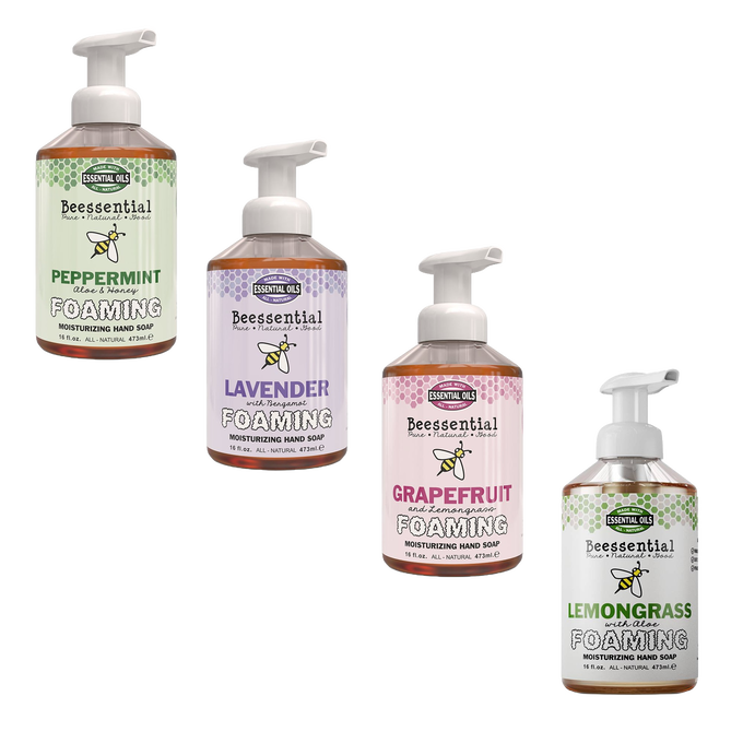 Set of four handcrafted natural foaming hand soaps in peppermint, lavender, grapefruit, and lemongrass scents, made in the USA, perfect for Health & Wellness and Soaps collections.