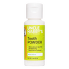 2 oz white plastic bottle of natural tooth powder with bright green label featuring mild mint flavor, pH balancing, restorative minerals, made in USA, ideal for Health & Wellness and Grooming collections.