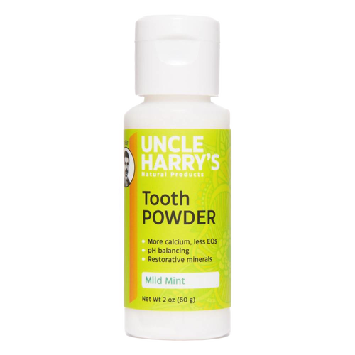2 oz white plastic bottle of natural tooth powder with bright green label featuring mild mint flavor, pH balancing, restorative minerals, made in USA, ideal for Health & Wellness and Grooming collections.