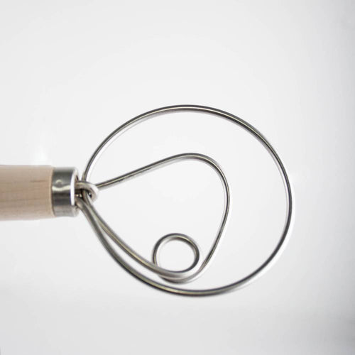 Handcrafted Old Country Dough Whisk with a smooth wooden handle and two spiral stainless steel wires, Amish made in USA, ideal for Kitchen & Food, Baking Supplies, and Cookware collections.