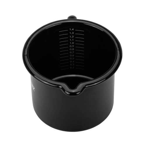 Black enameled steel milk pot with clear volume markings, designed for durable outdoor use in camping, kitchen, and cookware collections, featuring a precise pour spout.