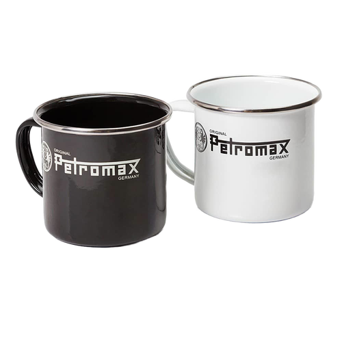 Two sturdy Petromax enamel mugs in black and white with metal rims and bold logos, suitable for Farm, Garden & Tool, Kitchen & Food, Camping, Brewing Coffee and Tea, Dinnerware, Best Sellers, and Promo Eligible collections.