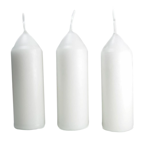 Three white replacement candles standing upright with unlit wicks, ideal for use in camping, emergency lighting, and outdoor lanterns, featured in Farm, Garden & Tool and Camping collections.