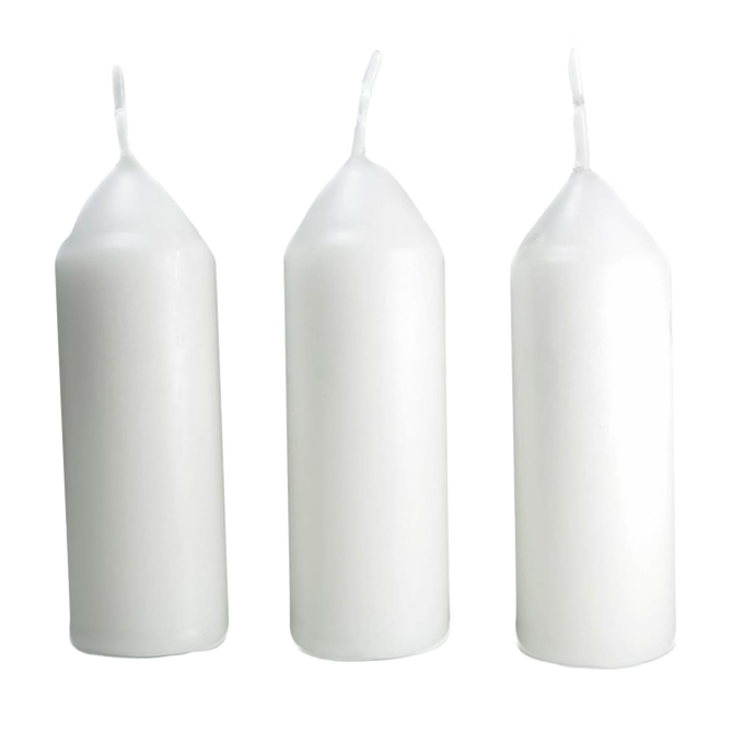 Three white replacement candles standing upright with unlit wicks, ideal for use in camping, emergency lighting, and outdoor lanterns, featured in Farm, Garden & Tool and Camping collections.