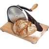 Manual bread slicer with a sharp circular stainless steel blade and wooden hand crank, mounted on a wooden base with a crusty homemade loaf, ideal for Kitchen & Food, Bread Making Supplies, and Best Sellers collections.