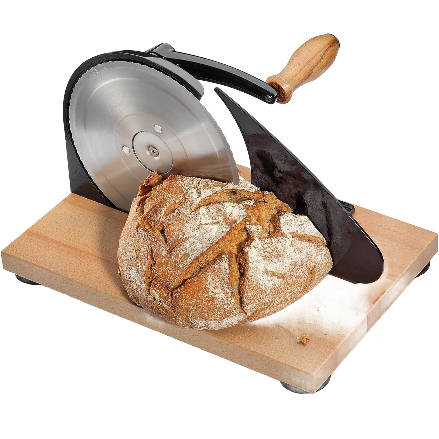 Manual bread slicer with a sharp circular stainless steel blade and wooden hand crank, mounted on a wooden base with a crusty homemade loaf, ideal for Kitchen & Food, Bread Making Supplies, and Best Sellers collections.