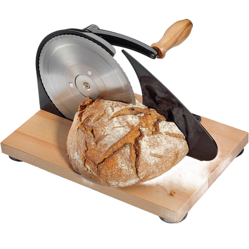 Manual bread slicer with a sharp circular stainless steel blade and wooden hand crank, mounted on a wooden base with a crusty homemade loaf, ideal for Kitchen & Food, Bread Making Supplies, and Best Sellers collections.