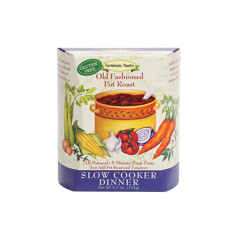 Packaging of a gluten-free farmhouse pantry slow cooker dinner mix for old-fashioned pot roast with illustrations of vegetables, part of Kitchen & Food, Dry Goods and Soups collections, USA made.